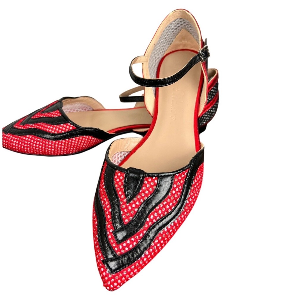 Spanish Designer Red Black Sparkly Pointed Toe Ankle Strap Flat Shoes Size 40